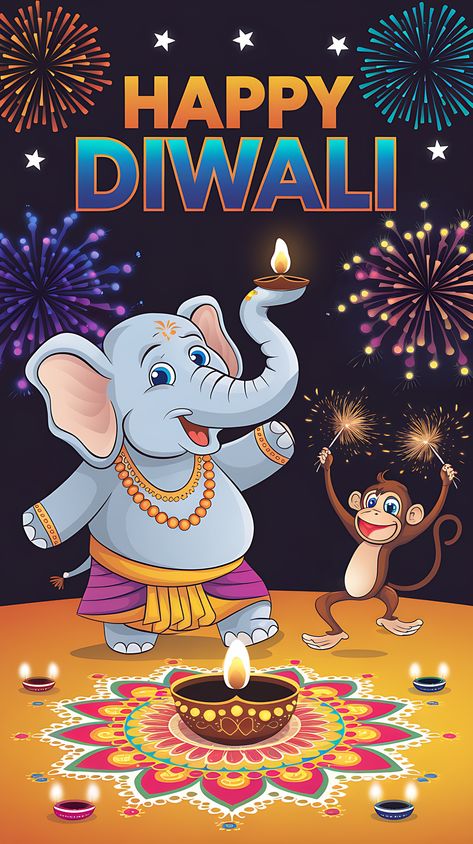 Free Festive Diwali Greeting Card with Cartoon Animals Diya Background, Deepavali Greetings Cards, Poster Background Images, Diwali Fireworks, Hindu Festival Of Lights, Happy Deepavali, Diwali Background, Diwali Greeting, Diwali Greeting Cards