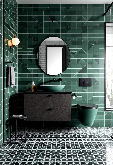 Green Bathroom Decor Jade Green Bathroom, Green Bathroom Decor Ideas, Jade Bathroom, Light Green Bathrooms, Green Tile Bathroom, Green Bathroom Decor, Adventurous Design, Sophisticated Bathroom, Bathroom Retreat