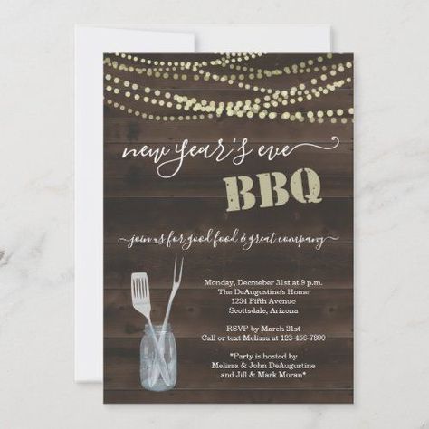 New Year's Eve BBQ Party Invitation - Rustic Wood #newyear'sevebbq #party #newyear'sevebarbeque #newyear'sevebarbecue #nye #newyear #rustic #masonjar #woodbackground #stringfairylights Bbq Gender Reveal Ideas, Gender Reveal Invitation Ideas, Bbq Gender Reveal, Bbq Utensils, Rustic Birthday Parties, Bbq Party Invitations, Backyard Bbq Party, Anniversary Party Invitations, Rustic Birthday