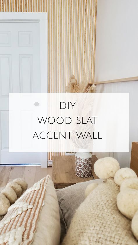 DIY Wood Slat Wall - Showit Blog How To Slat Wall, Stained Slat Wall, Cheap Slat Wall Diy, Rental Friendly Slat Wall, Diy Slatted Wall, Diy Vertical Slat Wall, Slat Wall Diy, Wood Strips On Walls, Vertical Wood Slat Wall