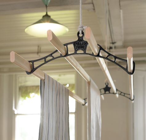 Our deluxe pulley maid ceiling clothes airer laundry drying rack with black cast iron rack ends. Suspended from the ceiling its operated using a pulley system. Utility Room Storage, Small Utility Room, Utility Room Designs, Hanging Drying Rack, Laundry Hanger, Laundry Rack, Drying Rack Laundry, Laundry Drying, Steel Racks