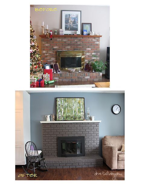 Updating the 80s fireplace with DIY painting. Painting the red brick fireplace with masonry paint. Spraying the brass insert. Painting the wood mantle. Before and after. Red Brick Fireplace, Airstone Fireplace, Faux Fireplaces, Led Fireplace, Fireplace Decorating, Fireplace Electric, Red Brick Fireplaces, Fireplace Diy, Fireplaces Ideas