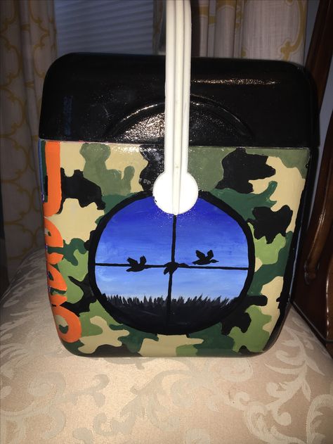 Duck Hunting Frat Cooler, Fishing Frat Cooler, Country Boyfriend Gifts, Frat Coolers Ideas, Hand Painted Coolers, Painted Cooler Ideas, Country Boyfriend, Nola Cooler, Welding Hood