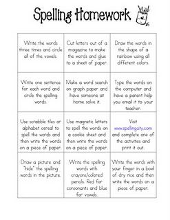 Spelling ideas.  I like this because it gives the students a choice of which they want to do during the week. I would have them choose 4 each week.  Great for differentiation! Spelling Homework, Teaching Spelling, Spelling Practice, Grade Spelling, Spelling Activities, Teaching Language Arts, Teaching Literacy, Spelling Words, Word Study