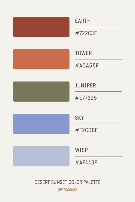 Color Palette Inspiration to use in your next illustration or design project!  Desert Sunset: a warm, earthy aura. Experience the magic of sunset in the desert with this pallete inspired by Moab and Arches National Park. Each shade echoes the stunning hues of desert twilight against the iconic sandstone arches.   Tags: granola girl outdoorsy trees mountain canyon earthy desert colorado utah arches national park sunset juniper sunrise woodsy branding brand logo colors inspiration inspo Desert Wedding Color Palette, Austin Texas Color Palette, Colorado Color Palette, Sedona Color Palette, Zion Color Palette, Granola Girl Color Palette, Camping Color Palette, Desert Sunset Wedding Colors, Desert Palette