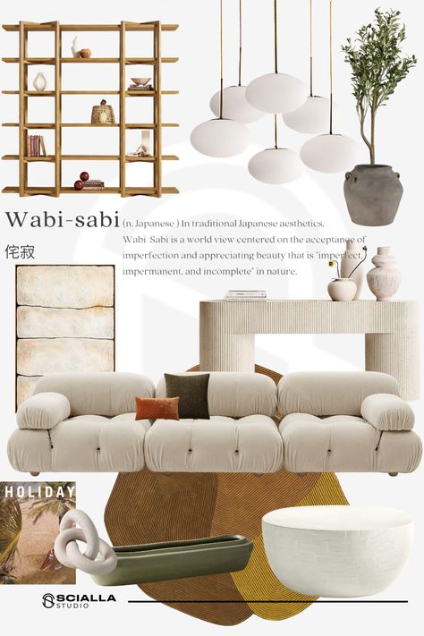 Wabi-sabi interior moodboard by Scialla Studio Interior Themes Style, Wabi Sabi Moodboard, Wabi Sabi Modern Interior, Wabi Sabi Sofa, Wabi Sabi Studio, Wabi Sabi Interior, Commercial Design Exterior, Interior Architecture Drawing, Baby Boy Room Decor