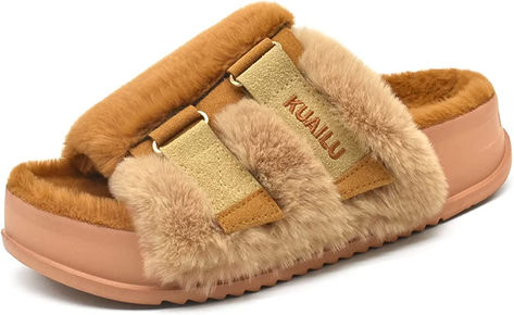 Pair shoes with your favorite leggins and a slouchy shirt. So comfortable! Faux Fur Sandals, Slippers With Arch Support, Fuzzy Slides, Fur Sliders, Fur Sandals, Slider Sandals, Open Toe Slippers, Slides Women, Platform Slippers