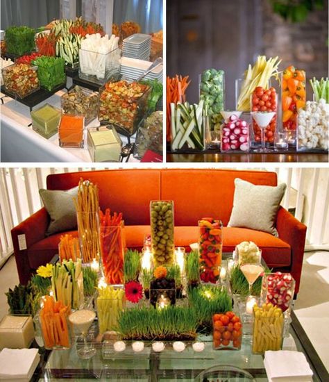 Veggie Display Ideas - the color of fresh vegetables is gorgeous in and of itself. Use that as a focal point in your table scapes. Veggie Bars, Veggie Display, Vegetable Tray, Catering Display, Unique Plates, Fruit Display, Food Stations, Veggie Tray, Food Displays