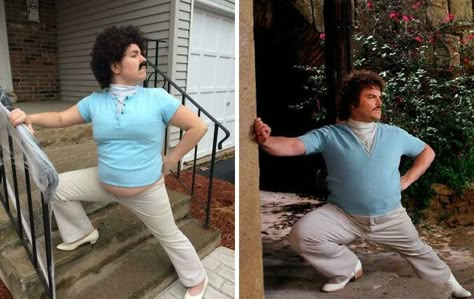 Funny Pregnant Halloween Costumes, Halloween Costumes Pregnant Women, Pregnant Couple Halloween Costumes, Nacho Libre Costume, Blue Shirt Outfit, Nacho Libre, Pregnancy Costumes, Pregnant Halloween Costumes, Themed Halloween Costumes