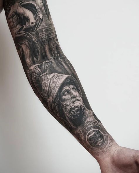 Hellenic Tattoo, Acropolis Tattoo, Roman Tattoos For Men, Michelangelo Tattoo, Ares Tattoo, Greece Tattoo, Roman Tattoo, Left Arm Tattoos, Favorite Tattoos