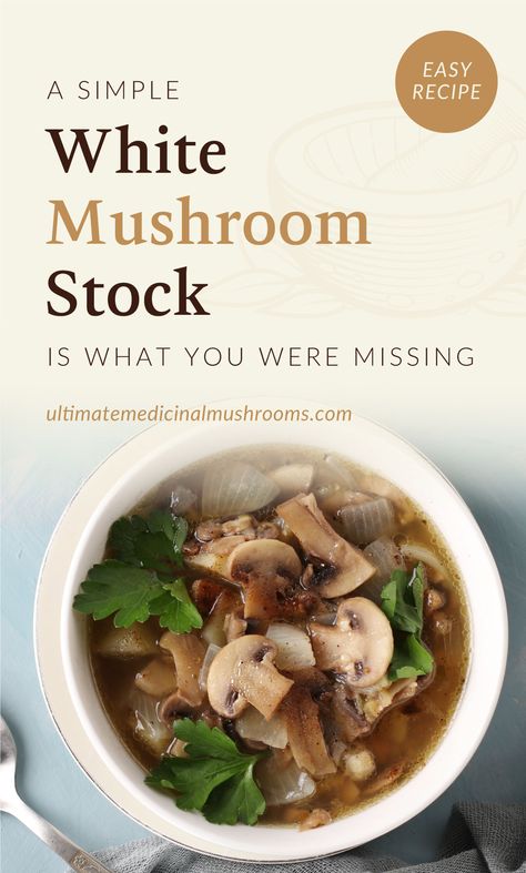 If you're a fan of white mushrooms, you'll love this Simple White Mushroom Stock recipe. It's a delicious stock, very versatile, and makes for the perfect meal starter. Try them out with your favorite recipes any day of the week! | Discover more healthy mushroom recipes at ultimatemedicinalmushrooms.com Healthy Mushroom Recipes, Cooking Mushrooms, Easy Mushroom Soup, Mushroom Recipes Healthy, Mushroom Stock, Stock Recipes, White Mushroom, Quick And Easy Soup, Mushroom Soup Recipes