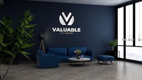 Company wall logo mockup in office lobby... | Premium Psd #Freepik #psd #lobby #office-lobby #office-reception #reception-desk Room With Blue Sofa, Lobby Reception Design, Rustic Reception Desk, Front Desk Hotel, Cafe Bar Interior, Rustic Reception, Backsplash Tile Design, Rustic Office, Wooden Table And Chairs