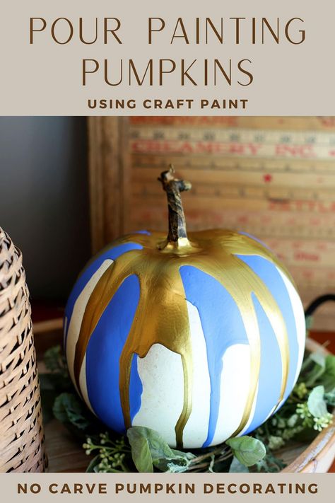 Easy pour painting technique using common acrylic craft paint to create a no carve pumpkin idea. Cute and simple fall decor. Easy Pour Painting, No Carve Pumpkin, Simple Fall Decor, Pumpkin Idea, Painting Pumpkins, No Carve Pumpkin Decorating, Fall Vignettes, Fake Pumpkins, Baby Christmas Ornaments