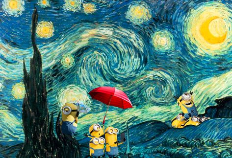 Minions romping into the starry night painted by Van Gogh. #classicalartmemes #classicalart #minions #minion #meme #funny #fusion Minion Meme, Minion Card, Classical Art Memes, Starry Night Painting, The Starry Night, Pencil Art Drawings, Meme Funny, Classical Art, Pencil Art