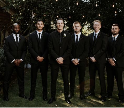 All Black Groom And Groomsmen, Wedding Party Black Attire, Black Tux Black Shirt, Wedding Tux Black, Grooms Attire Black, All Black Wedding Suit For Groom, Groom All Black Suit, Groomsmen Aesthetic, All Black Groom Attire