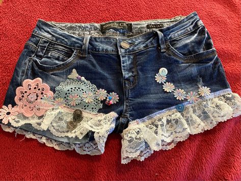 Crochet Mat, Summer Festivals, Upcycled Denim, Lace Crochet, Summer Festival, Gingham, Denim Jeans, Denim Shorts, Ribbon