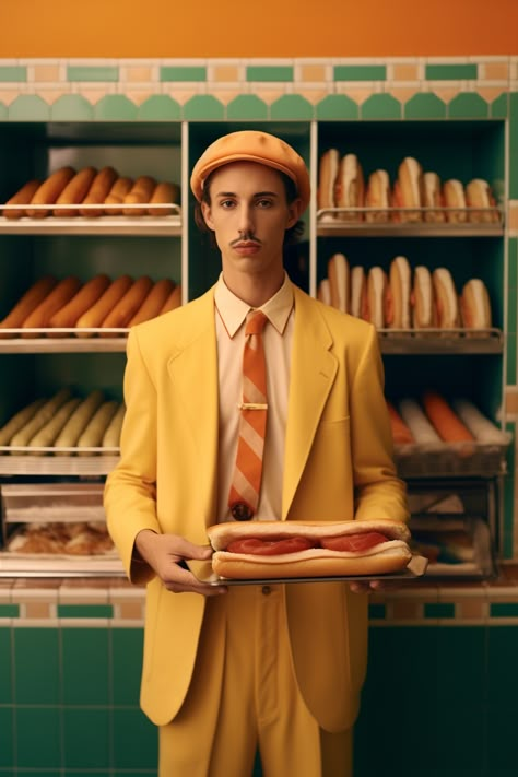 1950s Hot Dog Vendor in Wes Anderson Style Bellboy Outfit, Wes Anderson Aesthetic Photoshoot, Wes Anderson Photoshoot Ideas, Wes Anderson Style Photography, Wes Anderson Fashion, Wes Anderson Composition, Wes Anderson Photography, Wes Anderson Couple Photoshoot, Wes Anderson Shots Film