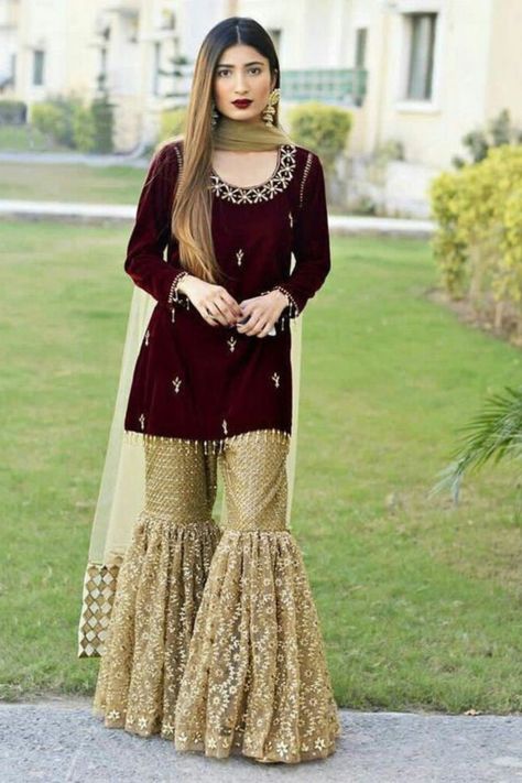 Party wear velvet dress designing ideas#velvetshawl #fashion #usa #pakistaniwedding #aghanoor #ootd #mariab #pakistanstreetstyle #pakistanifashion #style #boutique #indianfashion #velvet #hudabeauty #beechtree #silk #accessories #kurti #velvetscarf #formal #stylilsh #california #vintage #shipfromusa #khaddi #kurta #zaina Velvet Short Kurti, White Velvet Dress, Western Style Dresses, Sharara Designs, Pink Velvet Dress, Dress Pakistani, Pakistan Dress, Red Bridal Dress, Mehndi Dress