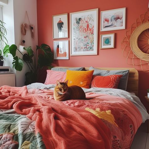 White Walls Colorful Decor Bedroom, Small Colorful Bedroom Ideas, Maximalist Guest Bedroom, Cozy Colourful Bedroom, Minimalist Colorful Bedroom, Colorful Adult Bedroom, Bedroom Bright Colors, Colorful Bedding Ideas, Cozy Colorful Bedroom