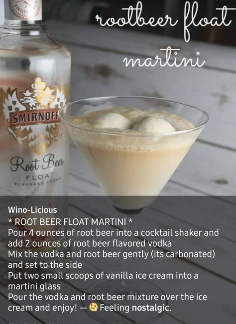 Root Beer Martini, Root Beer Float Shots, Root Beer Float Martini, Healthy Root Beer Float, Boozy Root Beer Float, Root Beer Liqueur Cocktails, Martini Recipes Vodka, Vodka Mixes, Fun Drinks Alcohol