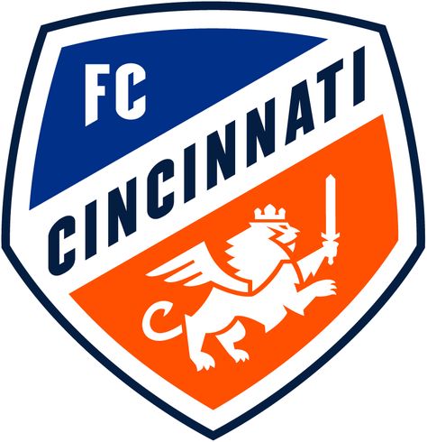 FC Cincinnati Logo Primary Logo (2019-Pres) - A lion holding a sword and wearing a crown inside a blue and orange shield, representing Cincinnati's Queen City nickname SportsLogos.Net Fc Cincinnati, Sporting Kc, Real Salt Lake, Football Logos, Dc United, Mls Soccer, Soccer Logo, Seattle Sounders Fc, New York Red Bulls