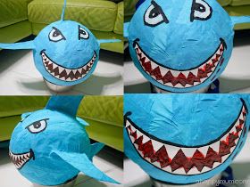 A Happy Mum | Singapore Parenting Blog Balloon Pinata Ideas, Shark Pinata, Paper Mache Balloon, Paper Mache Pinata, Balloon Fish, Diy Party Games, Shark Craft, Shark Themed Birthday Party, Paper Mache Animals