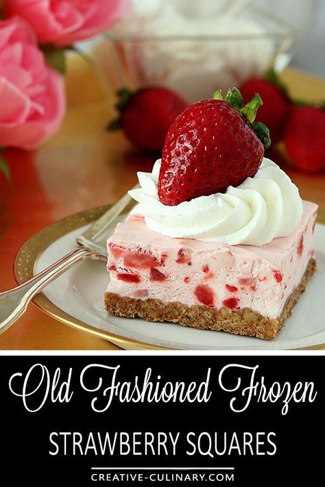 An old fashioned favorite that never goes out of style. These Old Fashioned Frozen Strawberry Squares are the perfect summer treat! via @creativculinary Strawberry Squares, Frozen Strawberry Desserts, Christmas Desert, Salty Desserts, Homemade Dessert Recipes, Frozen Treats Recipes, Frozen Strawberry, Strawberry Kitchen, Homemade Recipes Dessert