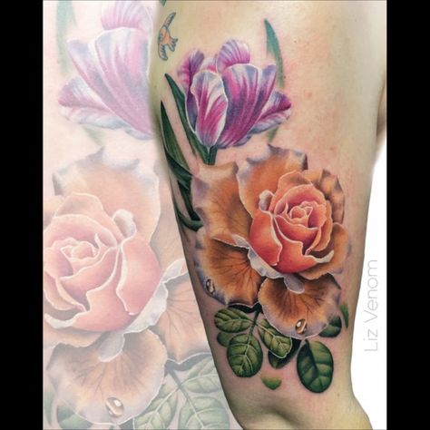 Tattoo uploaded by Liz Venom • Half #sleeve of flowers in progress #lizvenom #rose #roses #tulip #tulips #nature #botanical #realism #female #floral #flowers #girly #feminine #ladytattooers #vintage #classical #color #colour #best #beautiful #flattering #amazing • Tattoodo Venom Tattoo, Tulips Images, Book Tattoo, Half Sleeve Tattoo, Rose Tattoos, Rose Tattoo, Beautiful Tattoos, Color Tattoo, Rose Buds