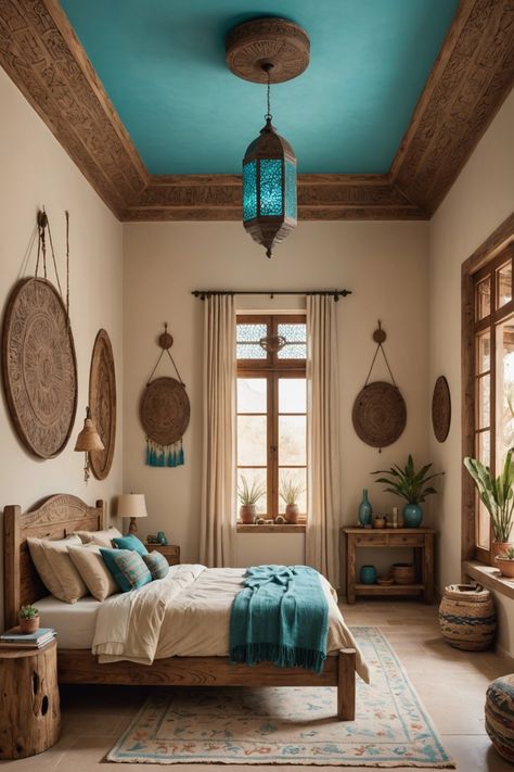 Boho Desert Style, Santa Fe Design Style, Moroccan Boho Bedroom, Spanish Mediterranean Bedroom, Spanish Bedroom Ideas, Marocco Interior Design, Moroccan Bedroom Decor, Indian Style Home, Marocco Interior