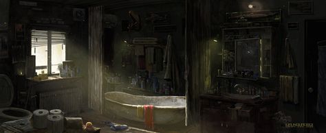 Bathroom, Houwai Leung on ArtStation at https://www.artstation.com/artwork/Vd44b Concept Art Gallery, Post Apocalyptic Art, Background Drawing, Concept Artist, Fantasy Places, Matte Painting, Fantasy Aesthetic, Landscape Illustration, The Games