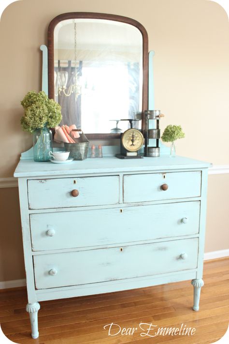 Dear Emmeline: Old Pickup Blue Dresser {another DIY chalky paint finish recipe, leg reconstruction, and my very own goofball} Colored Dressers, Distressed Armoire, Dressers Diy, Painted Antique Furniture, Dresser Upcycle, Chalk Paint Recipe, Paint Recipe, Green Dresser, Blue Dresser