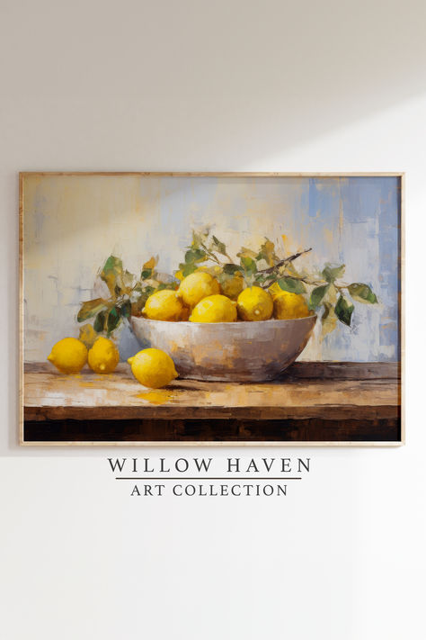 A downloadable rustic vintage art print of yellow lemons in a bowl that makes the perfect kitchen wall art Lemons In A Bowl, Aesthetic Farmhouse, Rustic Country Kitchen, Lemon Painting, Rustic Country Kitchens, Lemon Art, Art Fruit, Watercolor Fruit, Printable Vintage