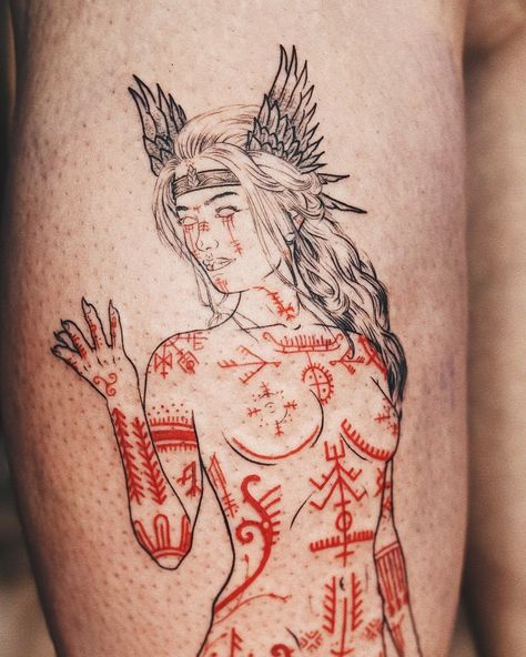 Norse goddess Freyja done in the Åland Islands. Incredibly pleased to have been able to tattoo my version of such a powerful character. Bring me all your ideas of the gods. Norse Woman Tattoo, Norse Women Tattoo, Hel Goddess Tattoo, Freya Goddess Tattoo Design, Norse God Tattoo, Freya Goddess Art, Freyja Tattoo, Freya Tattoo, Freyja Goddess