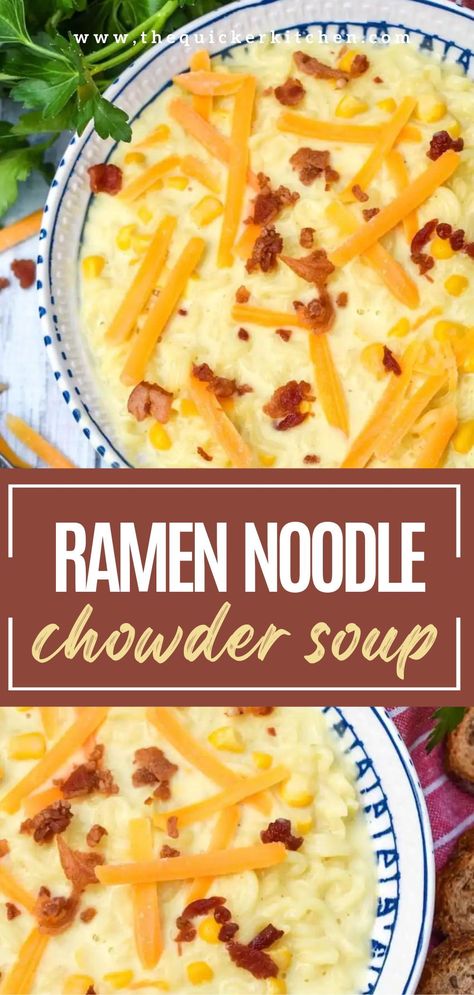 Ramen noodle chowder is a yummy, budget friendly take on corn chowder. This easy soup stretches your ramen noodles into a 4 serving meal in just about 10 minutes!V iew this super easy recipe at thequickerkitchen.com Simple Ramen Soup Recipes, Ramen Noodle Recipes Crockpot, Cheesy Pasta Soup, Healthy Ramen Soup Recipes, Simple Ramen Soup, Quick Ramen Noodle Recipes Soup, Ramen Soup Recipes Easy, Crockpot Ramen, Cheesy Ramen Noodle Recipes