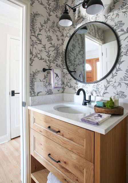 Transitional Powder Room Vanity, Wallpaper In A Half Bath, Powder Bath Wood Vanity, Modern Farmhouse Powder Room Wallpaper, Small Powder Room Vanities, Powder Bath Vanity Ideas, Half Bath Mirror Ideas, Modern Farmhouse Powder Room Ideas, Transitional Half Bath