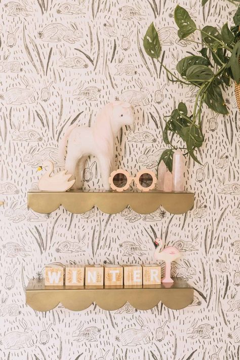 Elsie’s Nursery Tour (And Baby Name!) Vintage Baby Girl Nursery, Baby Nursery Design, Nursery Tour, Baby Room Neutral, Wallpaper Shelves, Whimsical Nursery, Gold Nursery, Nursery Shelves, Bedroom Wallpaper