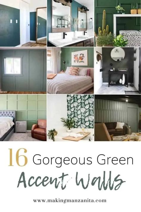 Green is IN! If you're looking to more add of this trending color to your home, try painting a green accent wall! From bathroom to bedrooms and everything in between, these 16+ green accent wall ideas will inspire you today! Rooms With Dark Green Accent Wall, Jade Accent Wall, Wallpaper Living Room Accent Wall Green, Boho Green Accent Wall, Green Accent Wall Vaulted Ceiling, Small Bedroom Green Accent Wall, Sage Green Bathroom Accent Wall, Sage Green Accent Wall Bedroom Boho, Green Focal Wall Bedroom