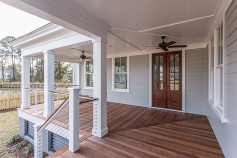 JacksonBuilt Custom Homes Mount Pleasant Charleston South Carolina Swamp Cottage, Porch Skirting, Front Porch Railing Ideas, Porch Rails, Modern Farmhouse Porch, Farmhouse Exteriors, Modern Front Porches, Deck Renovation, Cable Railing Deck