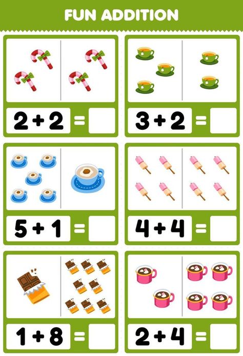 Education game for children fun addition by counting and sum of cute cartoon candy tea coffee marshmallow chocolate printable winter worksheet Tea Activities For Kids, Kg2 Activities, Winter Worksheet, Fun Phonics Activities, Cartoon Candy, Marshmallow Chocolate, Addition Activities, Game For Children, Phonics Activities