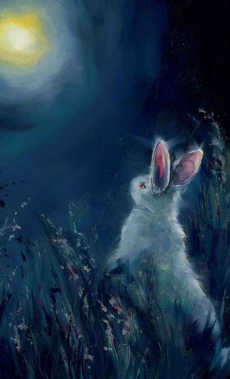 Moon Rabbit Aesthetic, Bounce Drawing, Rabbit Aesthetic, Hare Pictures, Bunny Drawings, Whimsical Moon, Bunny Artwork, Hare Painting, Rabbit Rabbit Rabbit