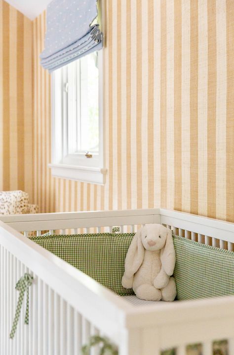 A NURSERY SNEAK PEEK | Luella & June Striped Wallpaper Nursery, Duck Nursery, Striped Nursery, Nursery Interior Design, Custom Dresser, Fun Nursery, Yellow Nursery, Baby Crib Sheets, Striped Room