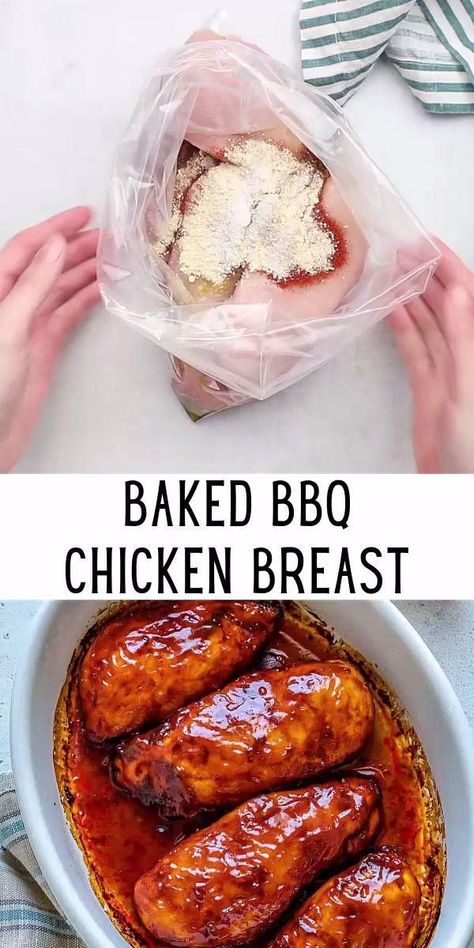 This Baked BBQ Chicken Breast recipe is a fast and easy 40 minute dinner that the whole family will love. The chicken is covered in a sweet and tangy BBQ sauce, then baked until perfectly juicy and caramelized. Baked Barbeque Chicken Breast, Bbq Chicken Recipes For Dinner, Baked Bbq Chicken Boneless, Bbq Chicken Breast Oven, Oven Baked Barbeque Chicken, Easy Group Dinner, Bbq Chicken In Oven, Fast Chicken Breast Recipes, Bbq Chicken Breast Recipes