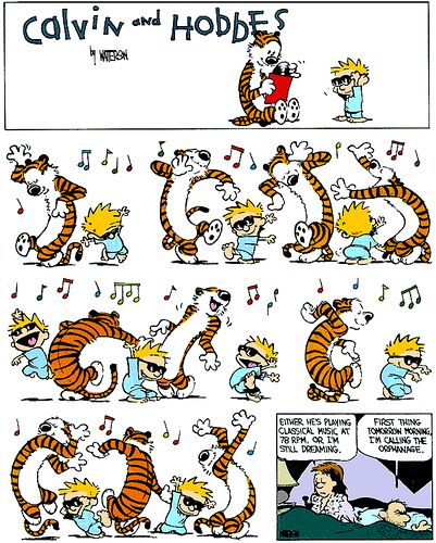 Calvin and Hobbes, DANCE - Either he's playing classical music at 78 rpm, or I'm still dreaming. Calvin And Hobbes Tattoo, Calvin Und Hobbes, Calvin And Hobbes Quotes, Calvin And Hobbes Comics, Dance Images, Music Humor, Calvin And Hobbes, Fun Comics, Comic Strip