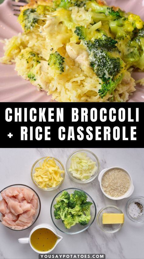 Plate of casserole, plus ingredients, and title: Chicken, Broccoli, and Rice Casserole. Chicken Broccoli Rice Alfredo Casserole, Basmati Rice And Chicken, Chicken Broccoli Rice Casserole No Soup, Chicken Breast Broccoli Rice Casserole, Chicken Broccoli Rice Cheese Casserole Without Cream Soup, Chicken Rice Broccoli Casserole Bake, Chicken Broccoli Rice Recipes, Chicken Rice And Broccoli Recipes, Broccoli Rice Recipes