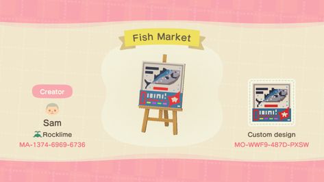 Animal Crossing Fish, Sam Bosma, Motif Acnl, Animal Crossing Guide, Crossing Sign, Animal Crossing Wild World, Japanese Fish, Market Sign, Qr Codes Animal Crossing