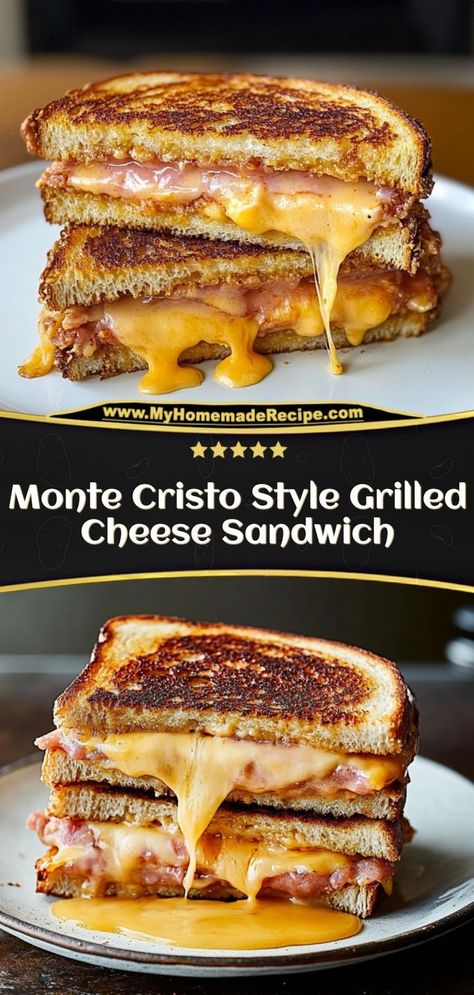 This Monte Cristo Grilled Cheese Sandwich is a sweet and savory combination of ham, cheese, and raspberry jam, griddled to perfection. Ingredients: 2 slices brioche bread 2 slices ham 2 slices Swiss cheese 1 tbsp raspberry jam A fun twist on the classic Monte Cristo with a gooey, cheesy center Macaroni Grilled Cheese Sandwiches, Ham And Swiss Panini Recipes, Toasted Ham Sandwich, Griner Sandwich, Specialty Sandwich Recipes, Monte Carlo Sandwich, Grilled Ham And Swiss Cheese Sandwich, Heated Sandwiches, Ham And Cheese Quesadilla Recipes