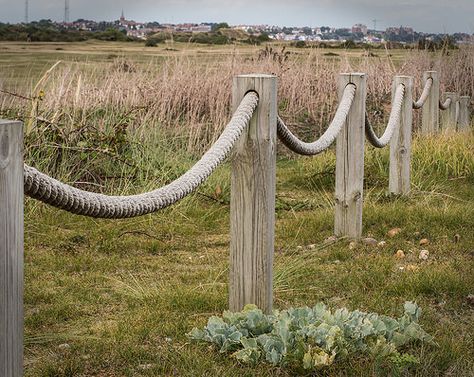 Rope fence | Flickr - Photo Sharing! Garden Rope Ideas, Beachy Landscaping Ideas, Rope Fence, Classic Fence, Rope Railing, Fence Backyard, Rustic Fence, Cheap Fence, Fence Garden