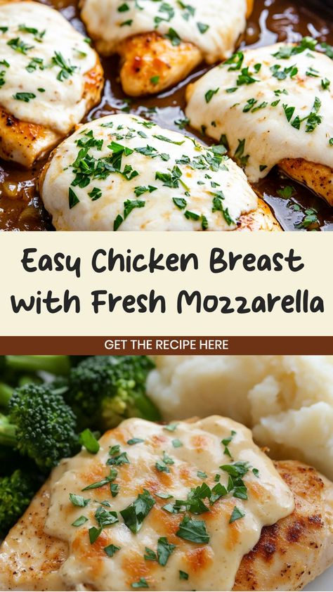 Indulge in a delicious meal with this flavorful recipe for juicy chicken breast topped with melted fresh mozzarella. Elevate your dinner game with this easy-to-make dish that is perfect for any occasion. The combination of tender chicken and gooey cheese will have your taste buds dancing! Whether you're looking to impress guests or simply wanting a tasty homemade meal, this recipe is sure to hit the spot. Chicken And Fresh Mozzarella Recipes, Chicken Breast Mozzarella Recipes, Chicken And Mozzarella Recipes, Moist Chicken Breast Recipes, Chicken Mozzarella Recipes, Chicken With Mozzarella Cheese, Fresh Mozzarella Recipes, Fresh Mozzarella Recipe, Best Chicken Breast