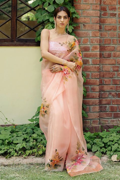 Shop for these amazing collections of Pink Imported Pure Silk Organza Hand Painted The Rukmani Saree For Women by Fallon.Studio by Shruti Kaushik online at Aza Fashions. Kajol Saree, Asian Couture, Farewell Sarees, Floral Sarees, Reception Saree, Peach Saree, Floral Saree, Bridesmaid Saree, Organza Silk Saree