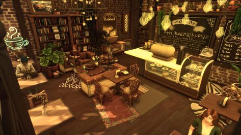 Willow Creek Library, Cottagecore Cafe, Black Willow, Library Cafe, City Layout, Sims 4 House Design, Sims Building, Dark Souls Art, Coffee Shops Interior